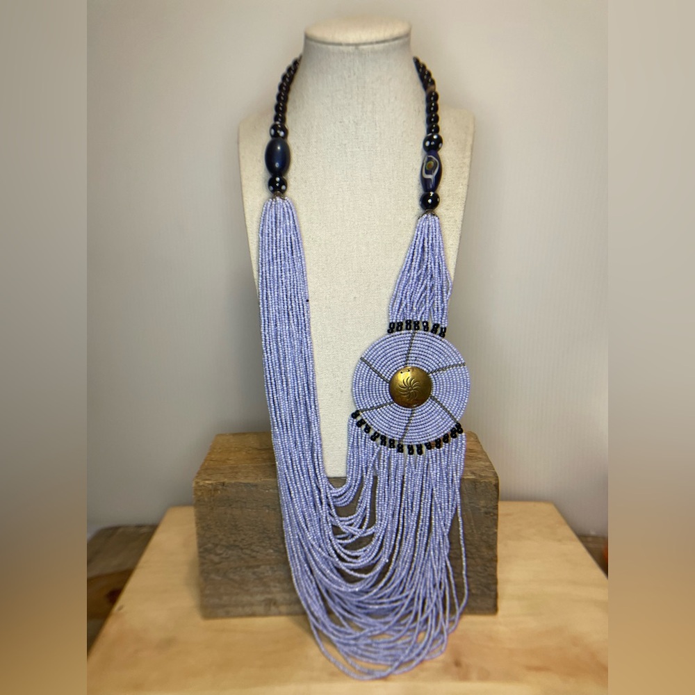 African Inspired Tribal Necklace - Blue and White - Statement piece - unique